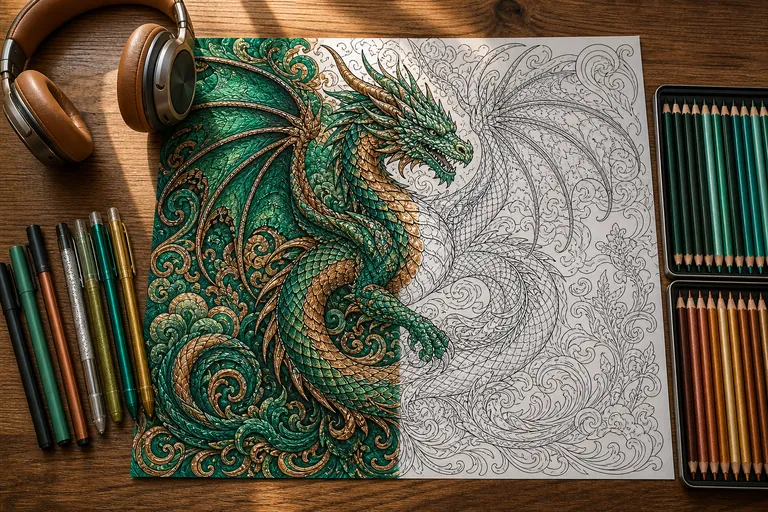 An intricate dragon coloring page on a wooden desk, the left half richly colored with markers and gel pens in emerald and bronze, the right half still crisp black-and-white line art, around it a pair 