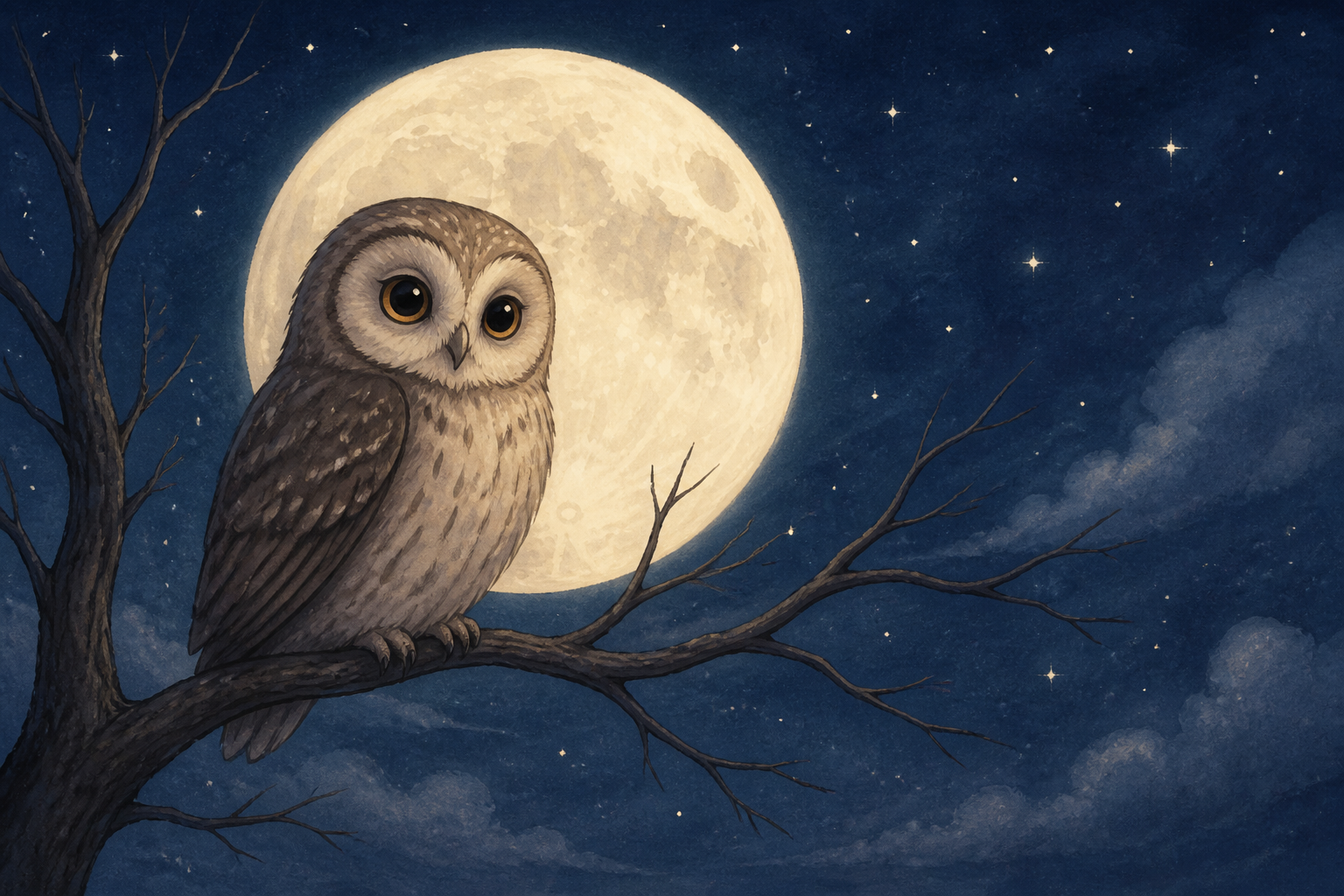 A gentle storybook illustration of a single owl perched on a bare branch in front of a large full moon, deep blue night sky with a scatter of small stars, calm and cozy, soft muted colors, no text or