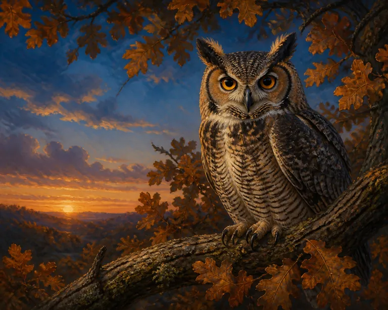 A painterly storybook illustration of a great horned owl perched on an oak branch at dusk, warm autumn light with soft golden and deep blue tones, large expressive amber eyes, cozy and atmospheric woo