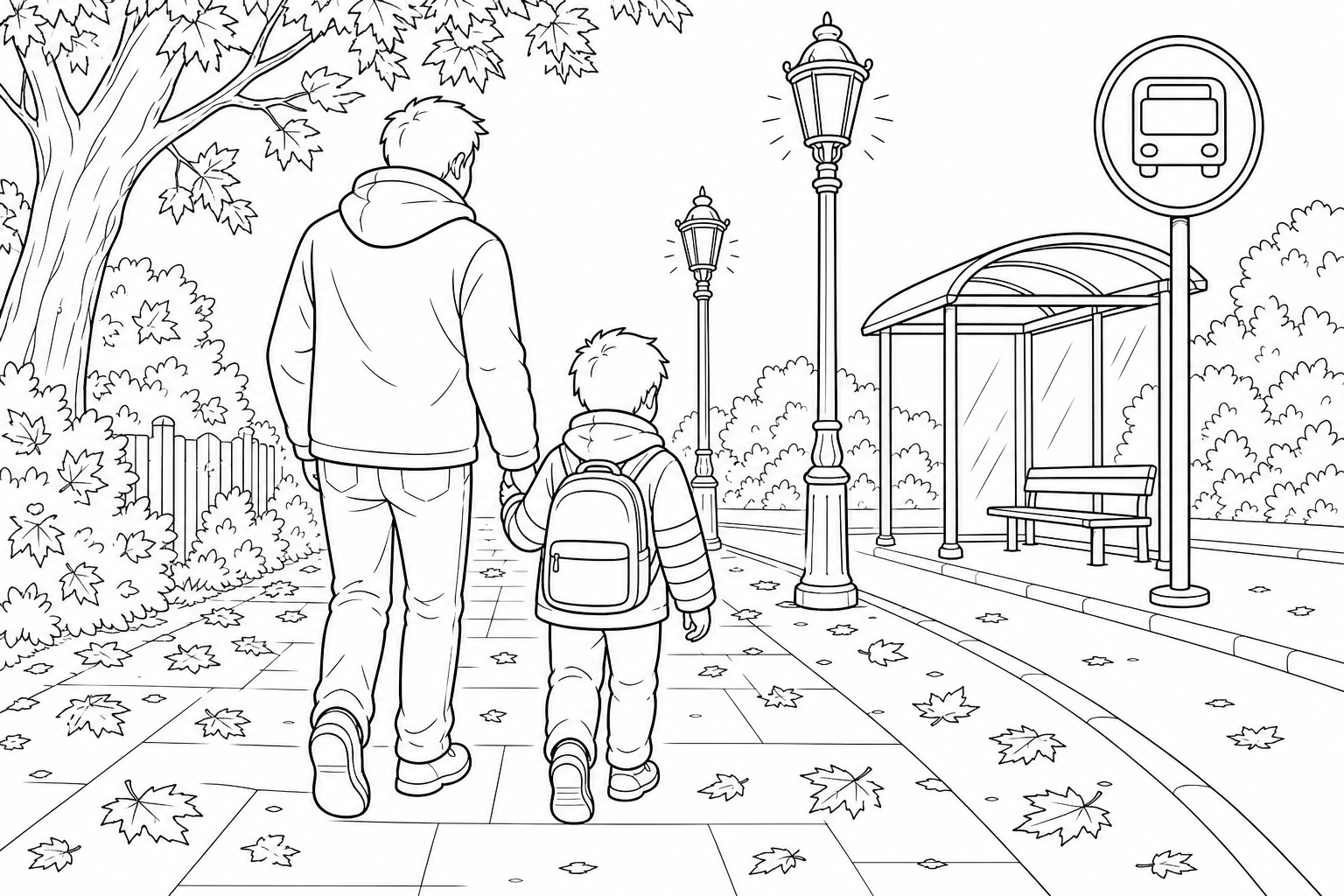 Line-art coloring page of a parent and child seen from behind, walking hand in hand along a leaf-covered pavement past glowing streetlamps toward a bus shelter, the child wearing a backpack and a jacket with banded sleeves.