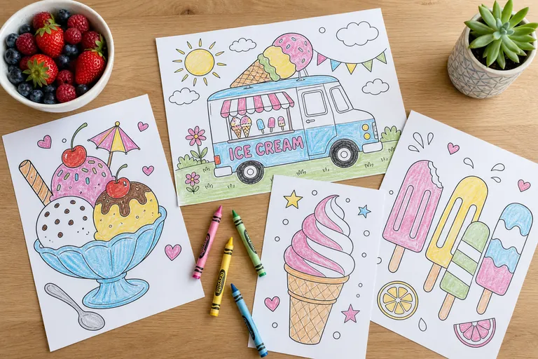 A flat-lay overhead view of three or four ice-cream-themed coloring pages spread out on a light wooden kitchen table, each partially colored in by a child with crayons in summer colors like pink yello