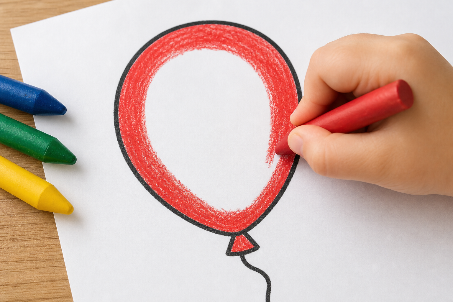 Close top-down view of a child's hand holding a chunky crayon, carefully coloring just inside the thick black outline of one large simple balloon shape on white paper, the center still uncolored, a fe