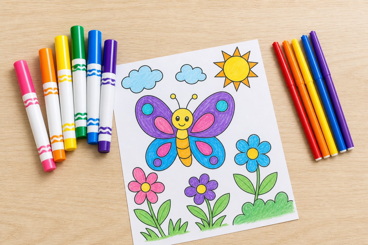 Two small groups of children's coloring markers on a light wooden table beside a partly colored kids coloring page, one cluster of chunky washable markers and one cluster of slim regular markers, brig