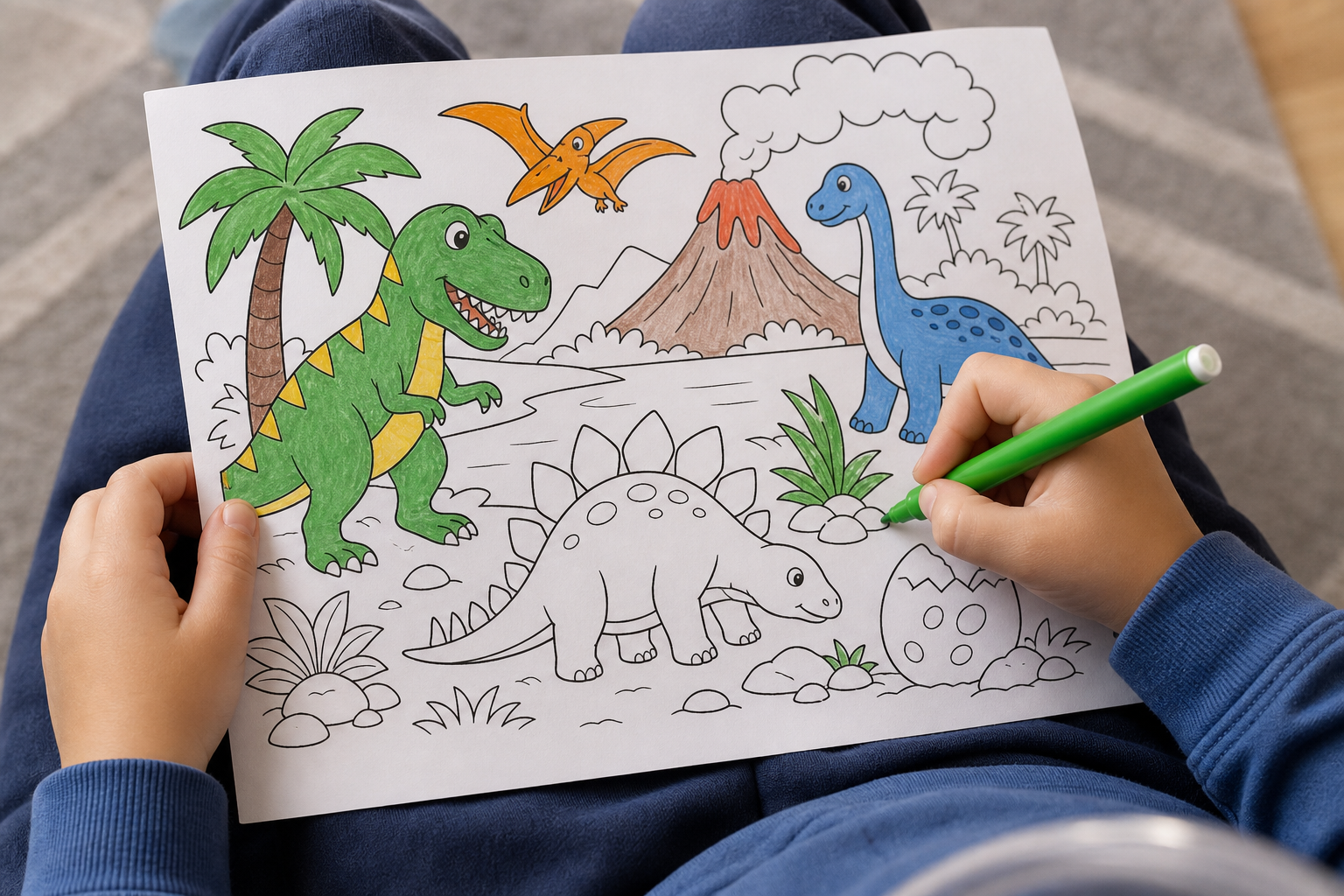 A dinosaur-themed coloring page resting on a child's lap, only the child's hands and a marker visible mid-stroke, the page partially colored in with simple flat colors, the rest still uncolored white,