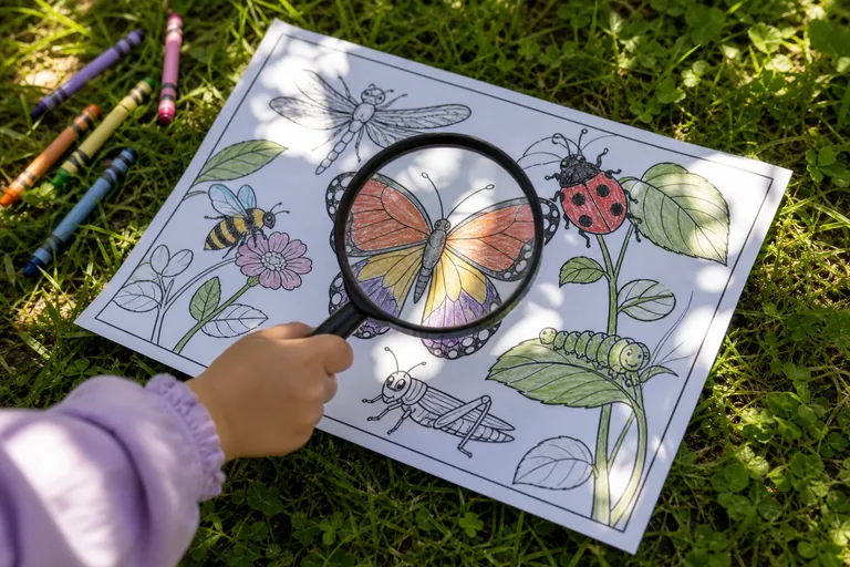 A bug-themed coloring page resting on a patch of green grass, a child's small hand holding a magnifying glass over the partially colored butterfly drawing, sunlight dappling through leaves overhead, c