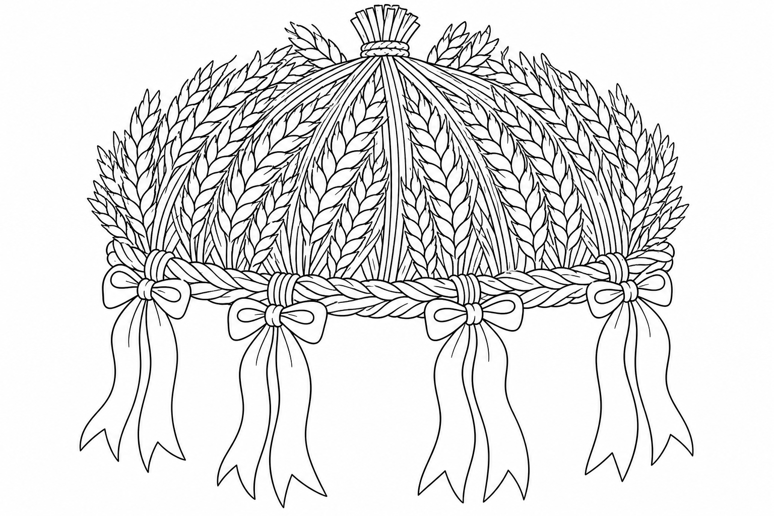 Line-art coloring page of a harvest crown: a dome of bound wheat ears with a twisted band and four ribbon bows hanging from its rim.