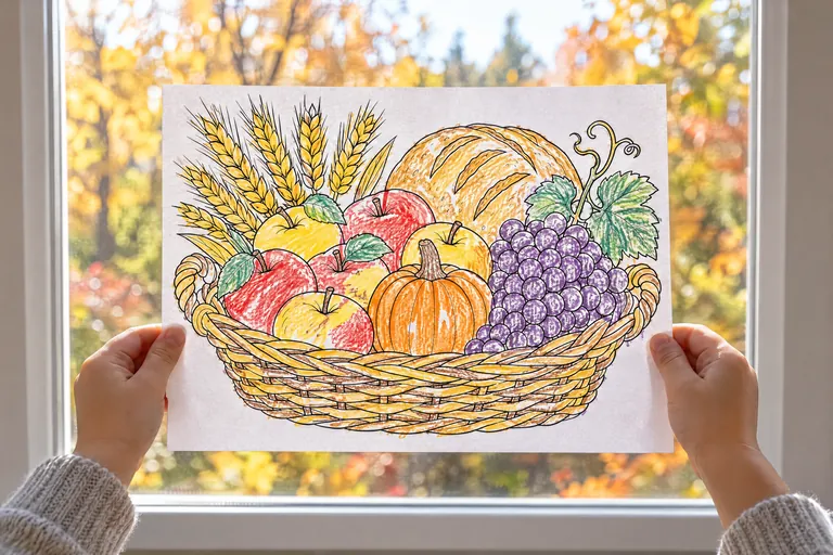 A child's hands hold a crayon-colored harvest basket coloring page, with apples, a pumpkin, grapes, bread and wheat, up against a sunny window with autumn trees outside.
