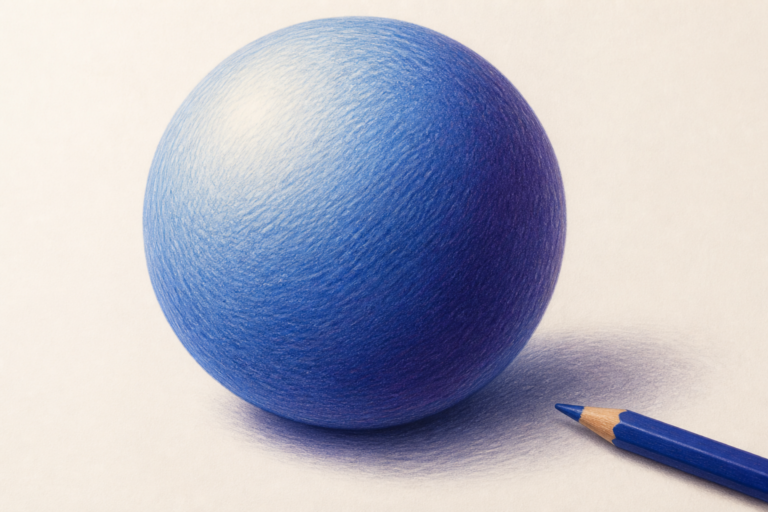A single large sphere drawn in colored pencil on white paper, smoothly shaded from a bright top left highlight down to a deep blue violet shadow side, visible soft pencil strokes, a blue colored penci