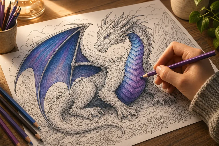 A dragon on a black and white coloring page where one wing and the belly are richly shaded with layered colored pencil in blues and purples so they look three dimensional, a hand holding a colored pen