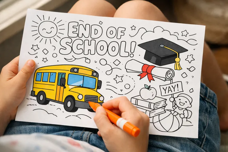 An end-of-school-themed coloring page resting on a child's lap, only the child's hands and a marker visible mid-stroke, the page partially colored in with simple flat colors showing a school bus and a