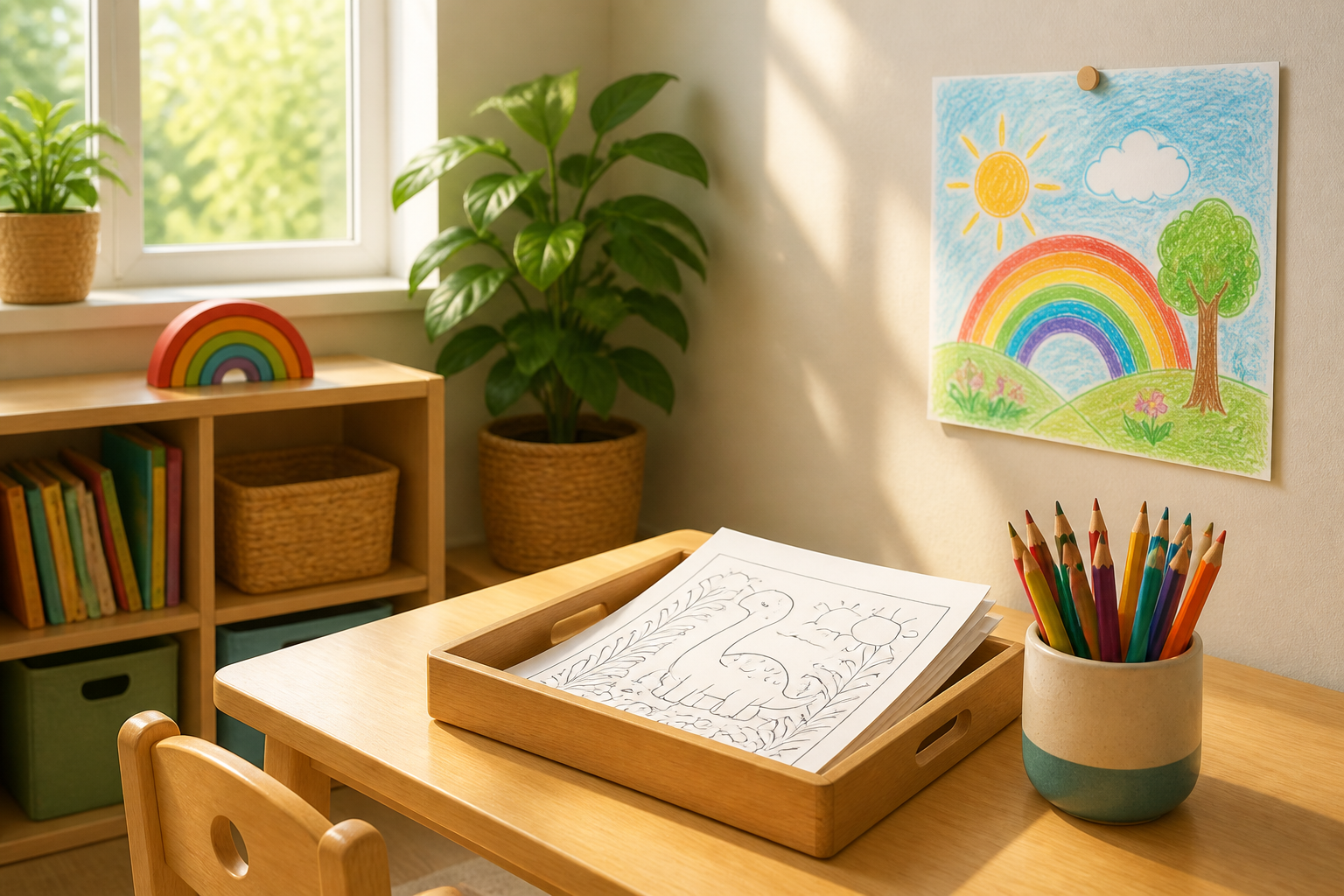 A tidy sunlit corner of a primary school classroom, a small wooden tray of black-and-white coloring pages and a cup of colored pencils on a low table, one child's colored drawing pinned on the wall ne