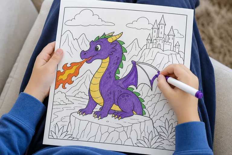 A dragon-themed coloring page resting on a child's lap, only the child's hands and a marker visible mid-stroke, the page partially colored in with simple flat colors, the rest still uncolored white, s